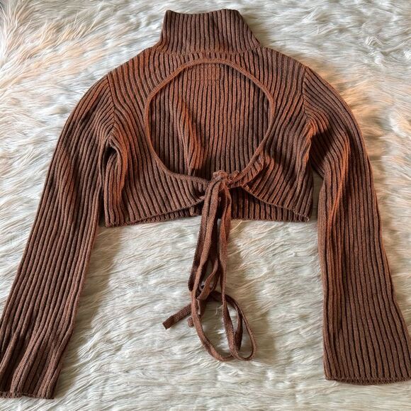 Dolls Kill Darker Wavs Fader Ribbed Knit Turtleneck Wrap Sweater in Brown - Picture 1 of 8